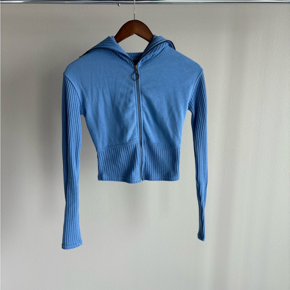 Blue Ribbed Women's Zip-Up Hoodie
